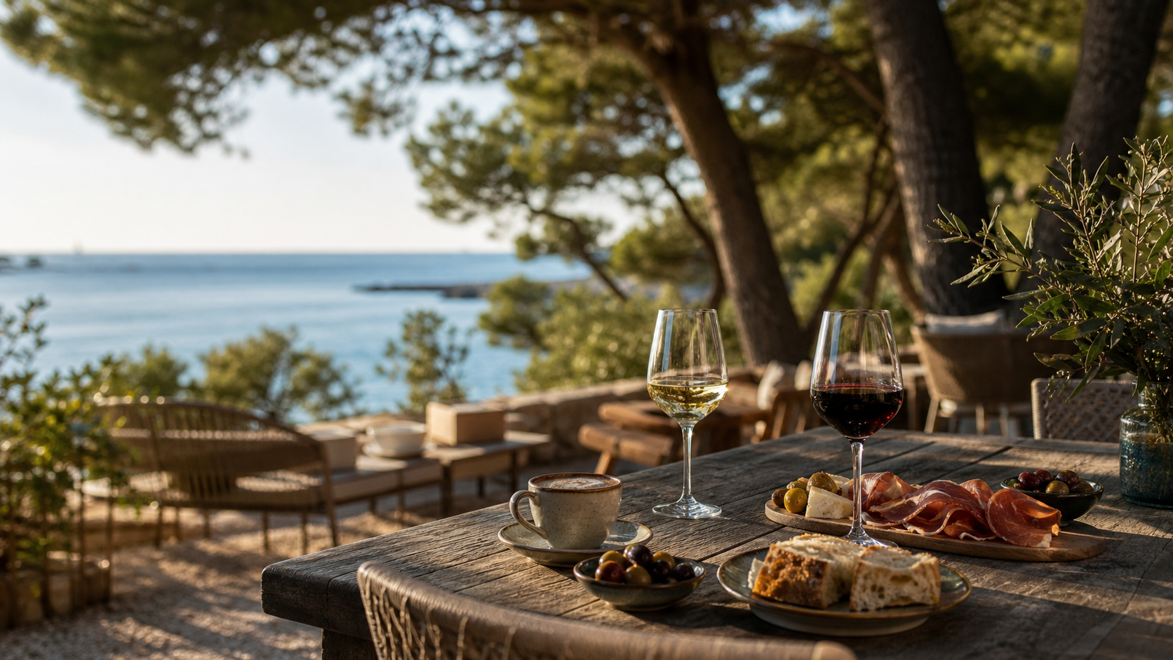 Terasa uz more s kavom, vinom i tapas zalogajima
